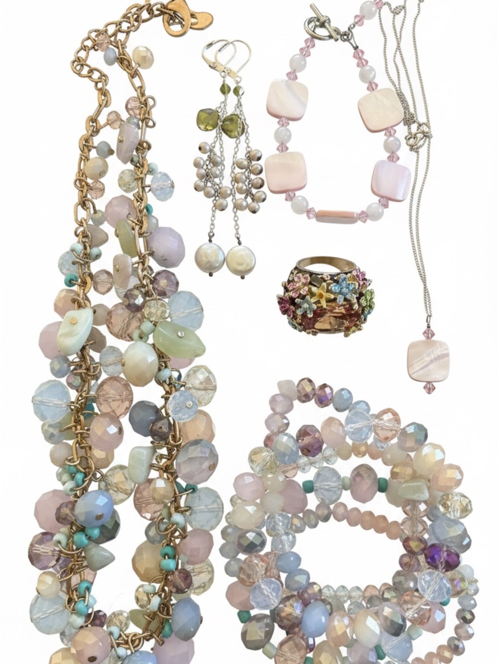 Multi-Color Pastel Beaded Necklace, flower ring, pink bracelet and necklace